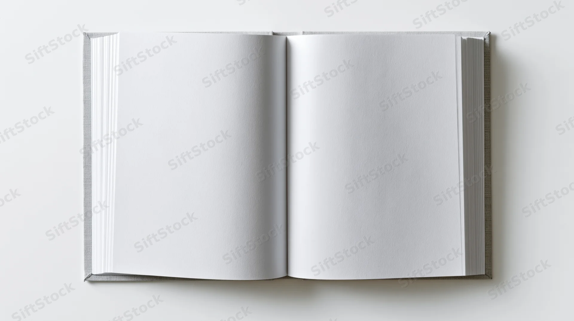 Open hardcover book lying flat with blank white pages on white background