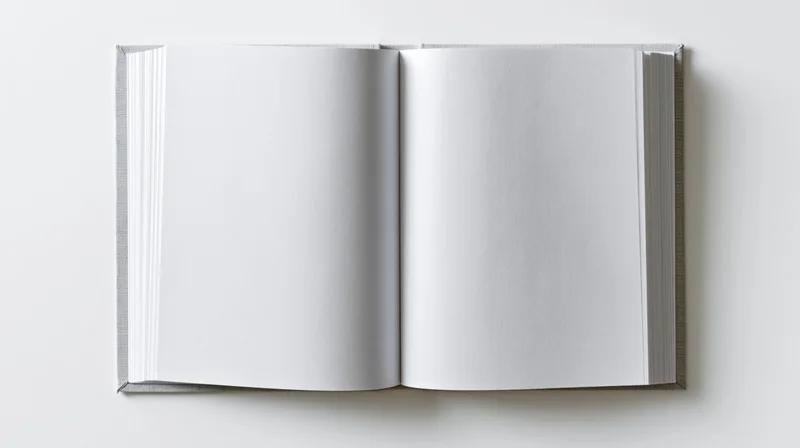 Open hardcover book lying flat with blank white pages on white background