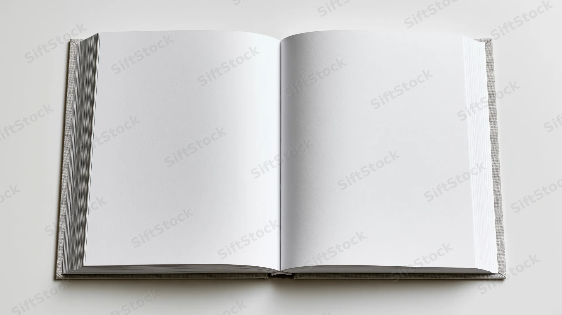 Open hardcover book lying flat with blank white pages on a neutral surface