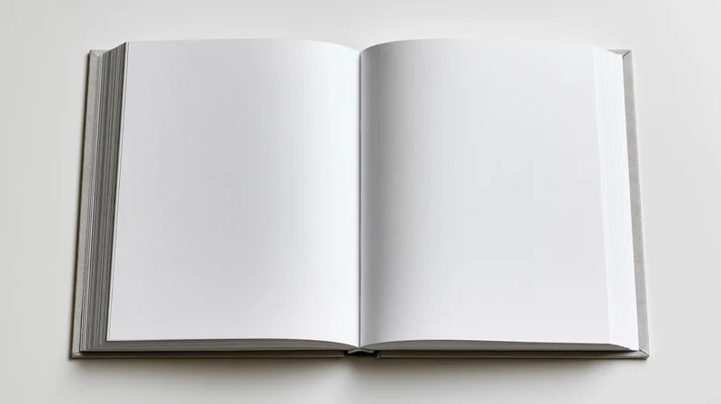 Open hardcover book lying flat with blank white pages on a neutral surface
