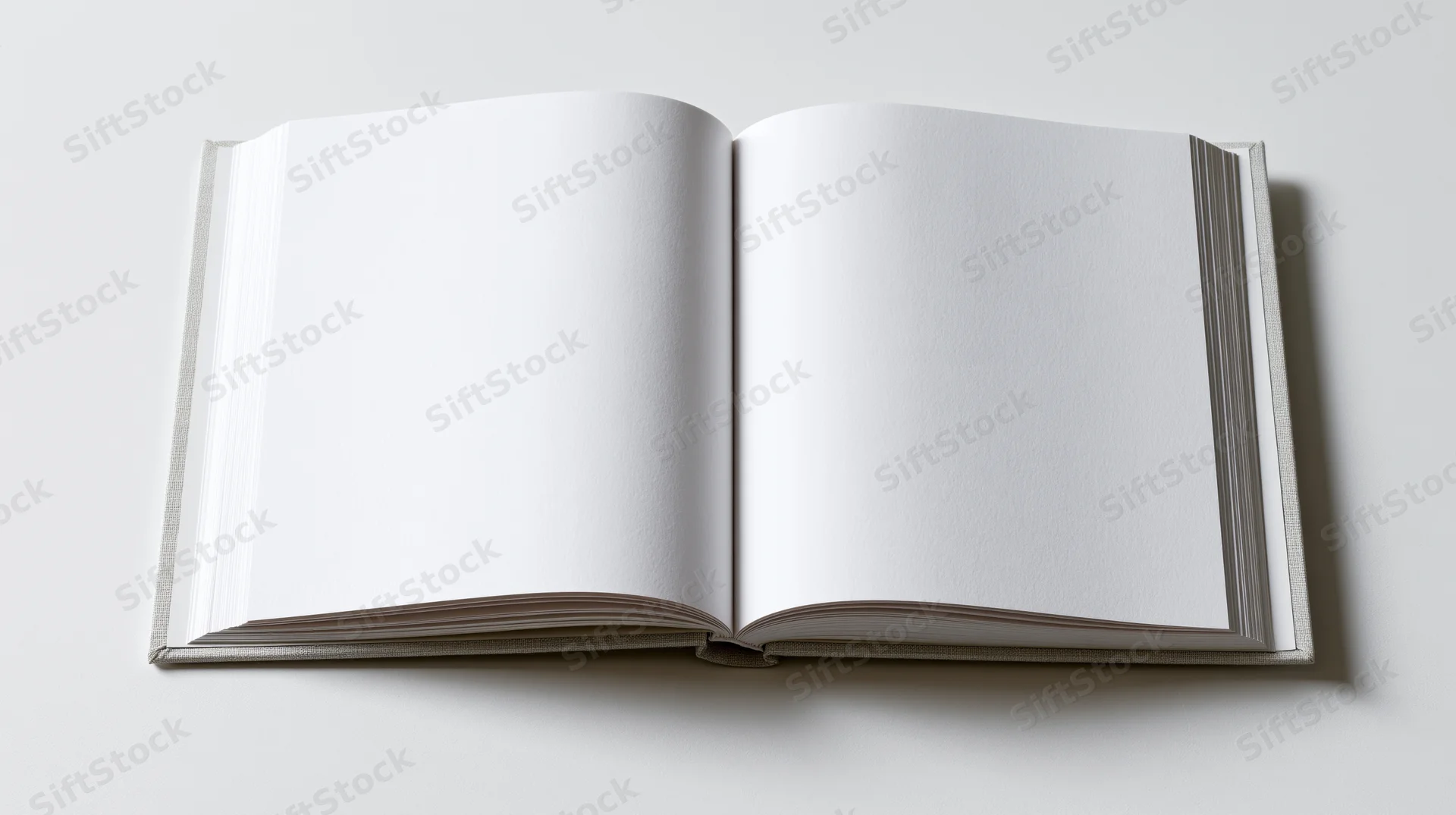 Open hardcover book lying flat with blank white pages on white surface