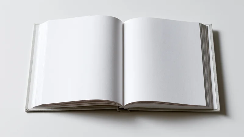 Open hardcover book lying flat with blank white pages on white surface