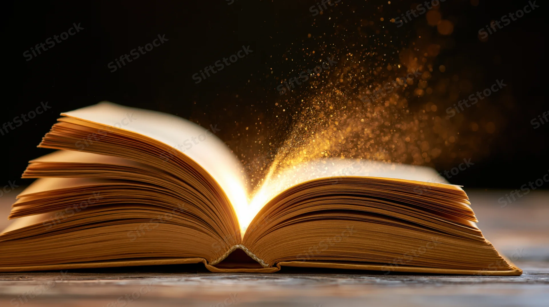 Open hardcover book glowing with golden sparks on wooden surface
