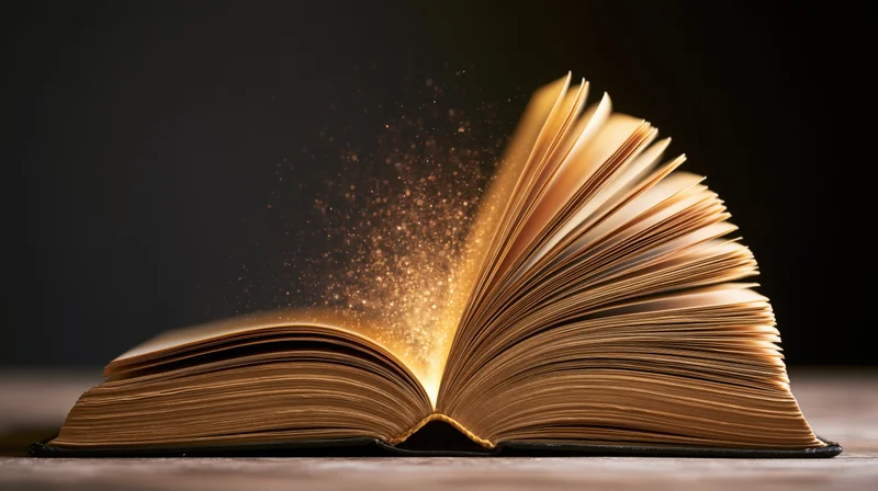 Open hardcover book glowing with golden light and floating dust on wooden surface