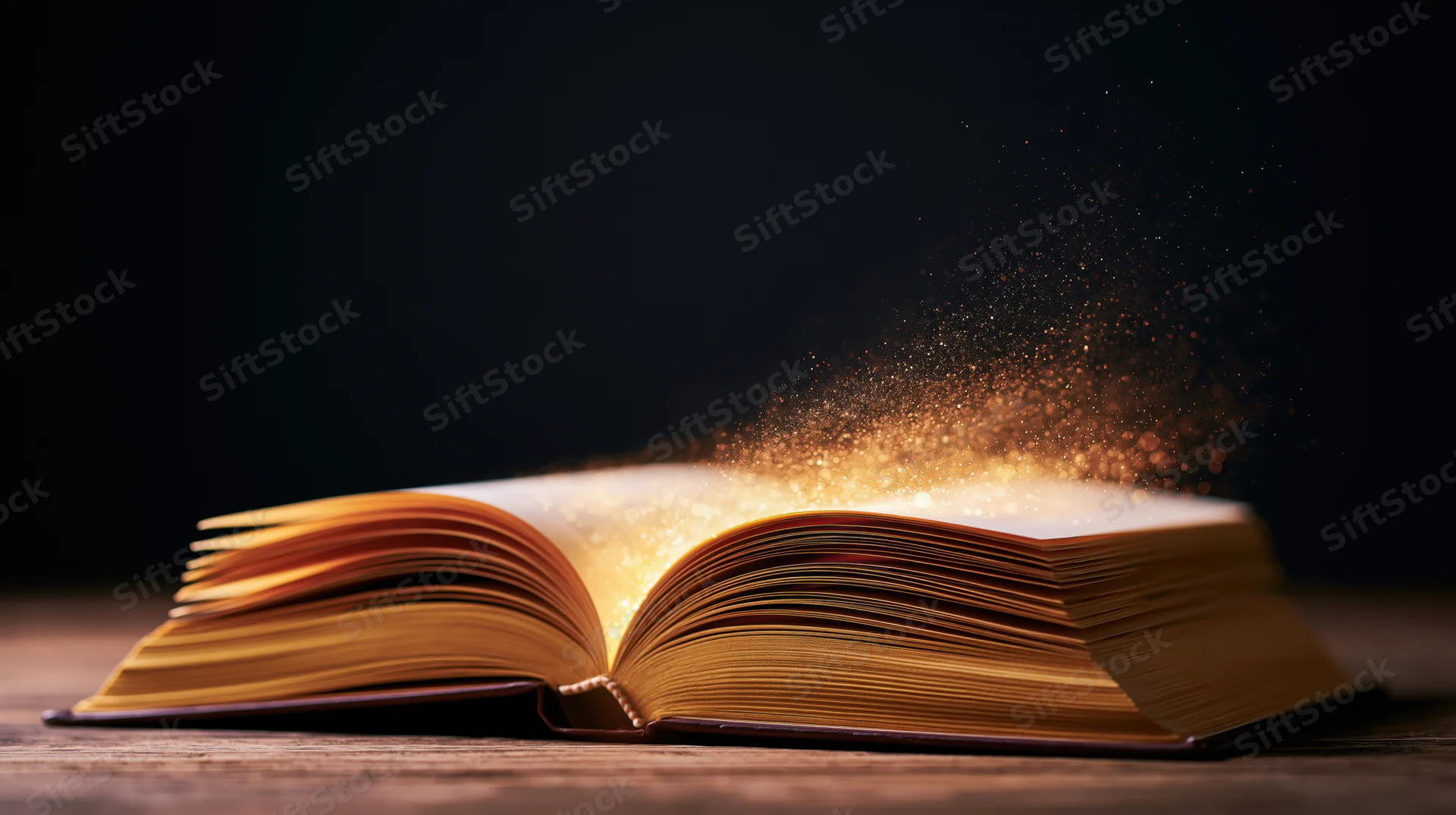 Open hardcover book glowing with golden sparkles on wooden surface