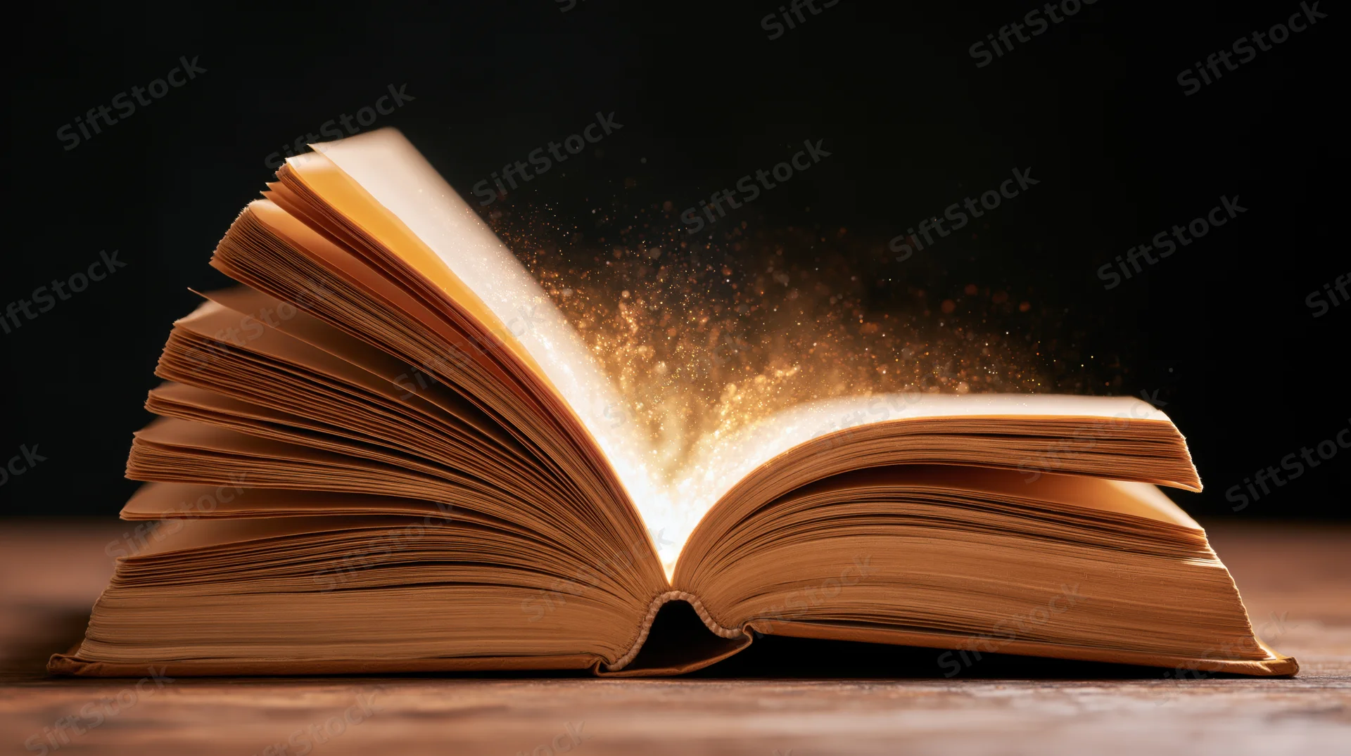 Open hardcover book glowing with golden light on wooden surface