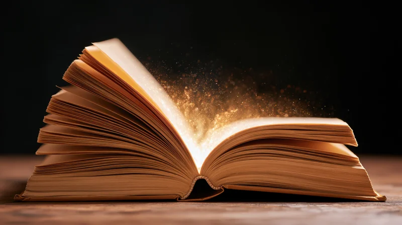 Open hardcover book glowing with golden light on wooden surface