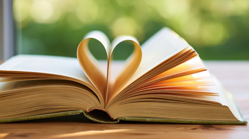 Open hardcover book with pages folded into heart shape on wooden table by window