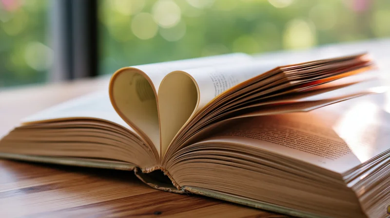Open hardcover book with pages folded into heart shape on wooden table near window