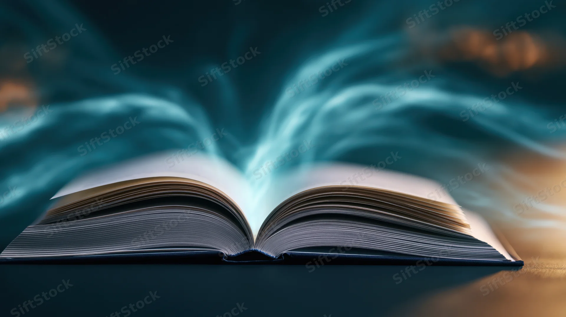 Open hardcover book with glowing blue light emanating from its pages on a dark surface