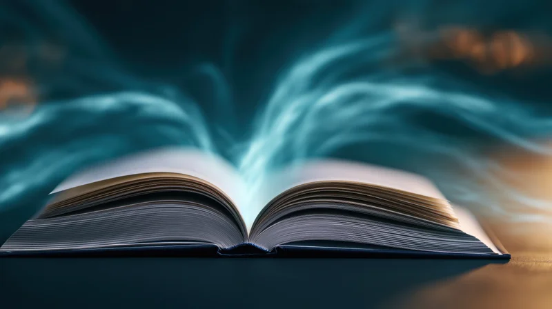 Open hardcover book with glowing blue light emanating from its pages on a dark surface