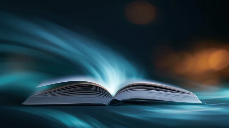 Open hardcover book glowing with blue light on dark surface