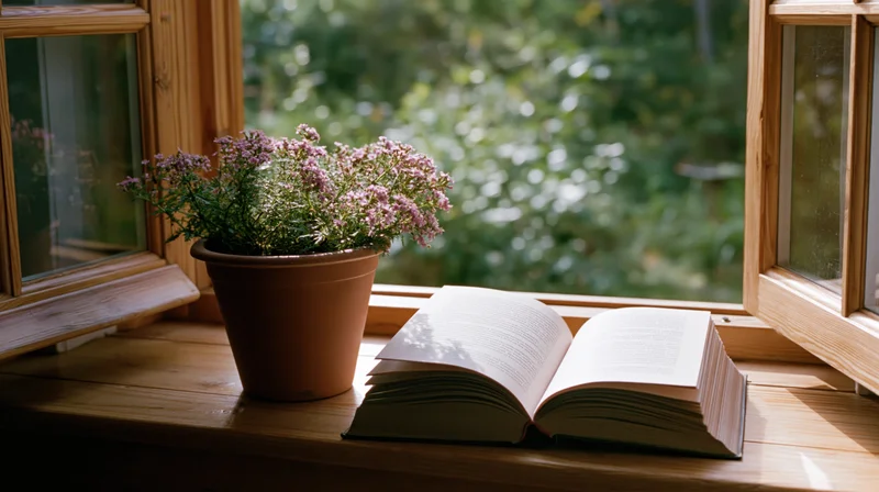 Open hardcover book resting on wooden windowsill beside potted pink flowers with garden view