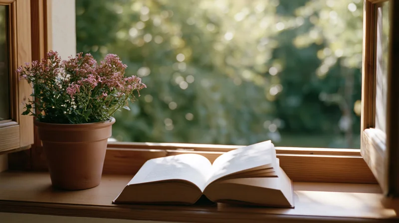 Open hardcover book resting on wooden windowsill beside potted pink flowers with sunlight streaming through window