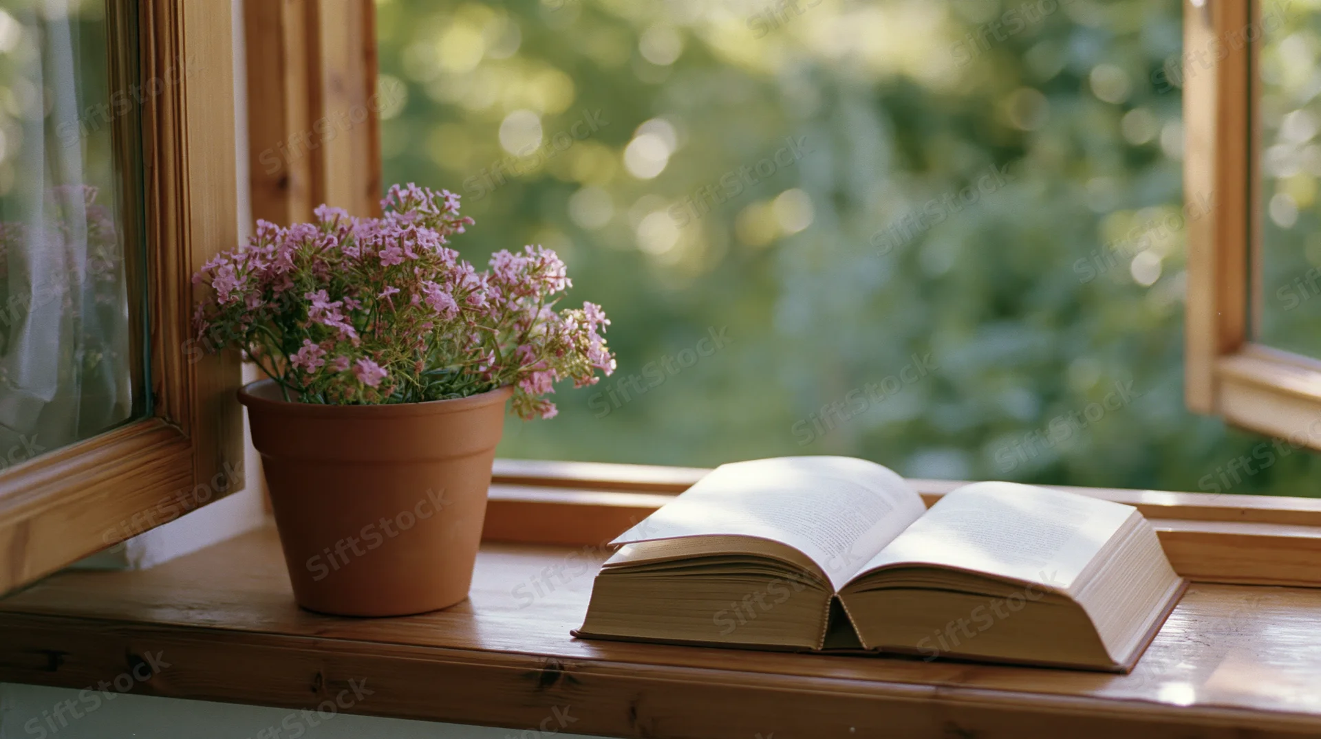 Open hardcover book resting on wooden windowsill beside potted pink flowers with garden view in sunlight