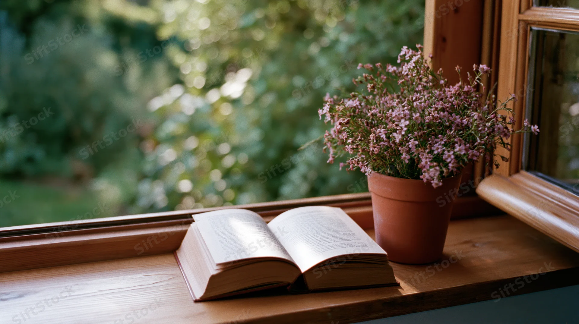 Open hardcover book resting on wooden windowsill beside potted pink flowers with garden view