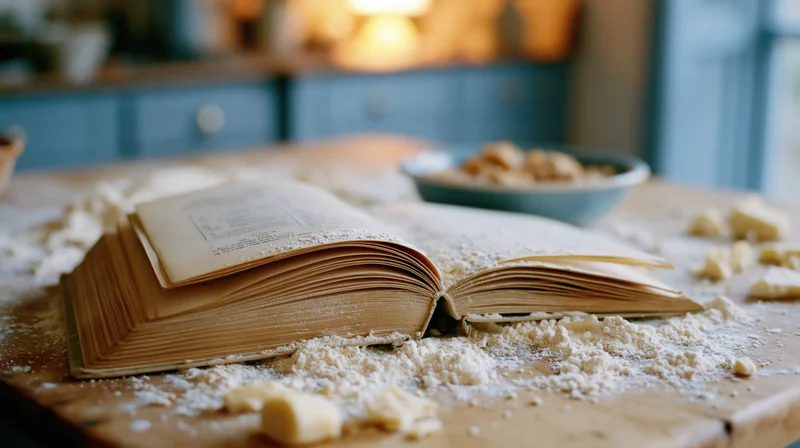 Open vintage recipe book dusted with flour on wooden kitchen table with butter and bowl nearby