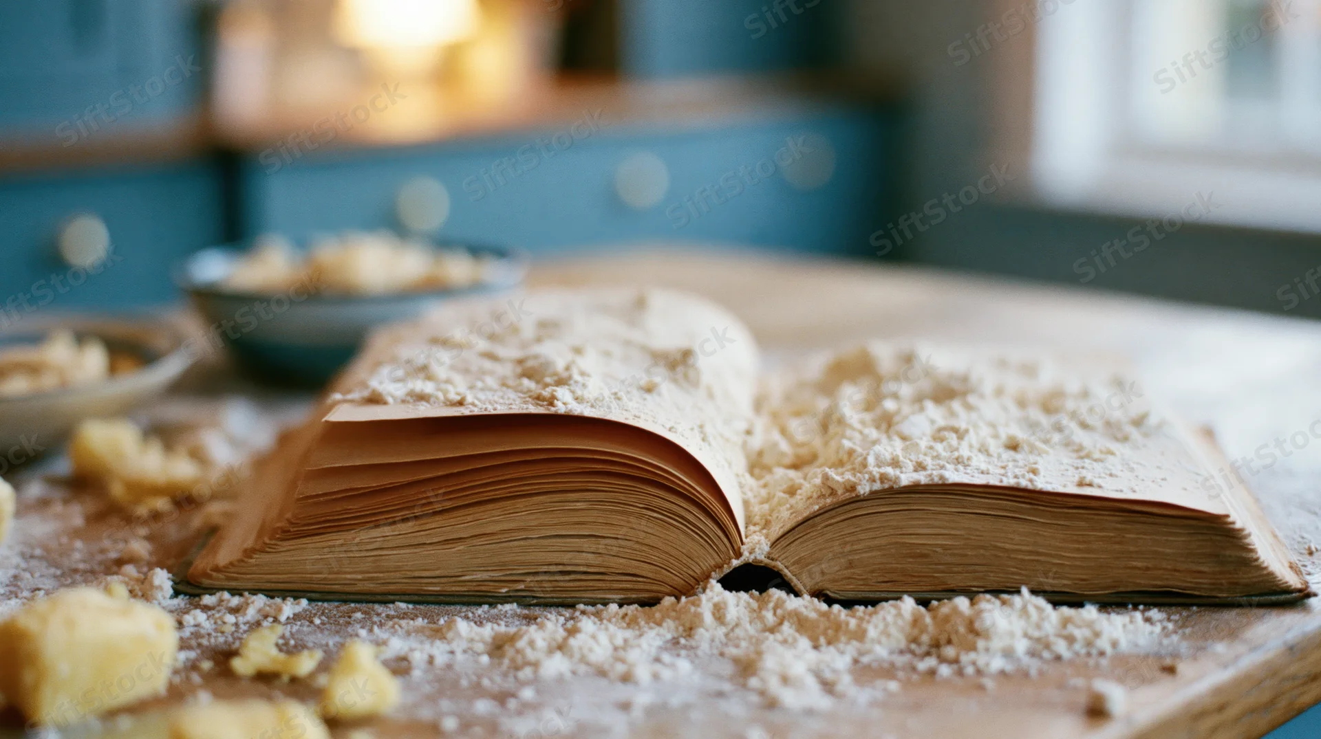 Open recipe book dusted with flour on wooden kitchen table surrounded by baking ingredients