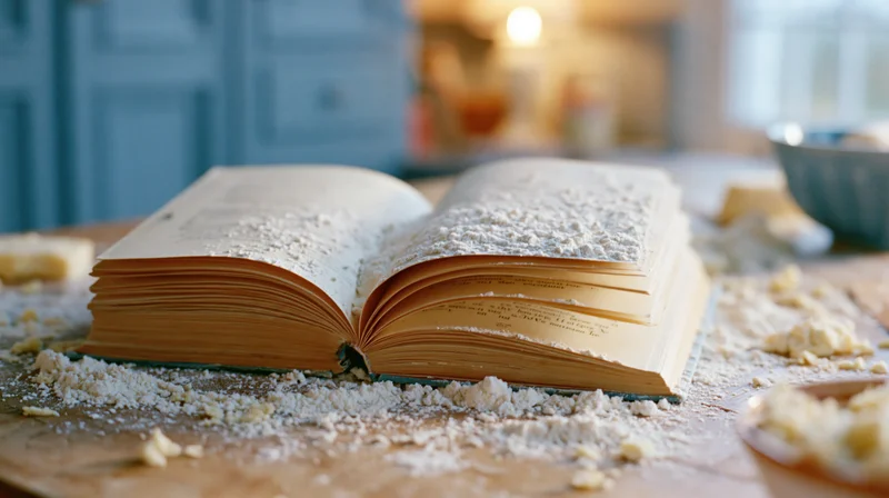 Open recipe book dusted with flour on wooden kitchen counter