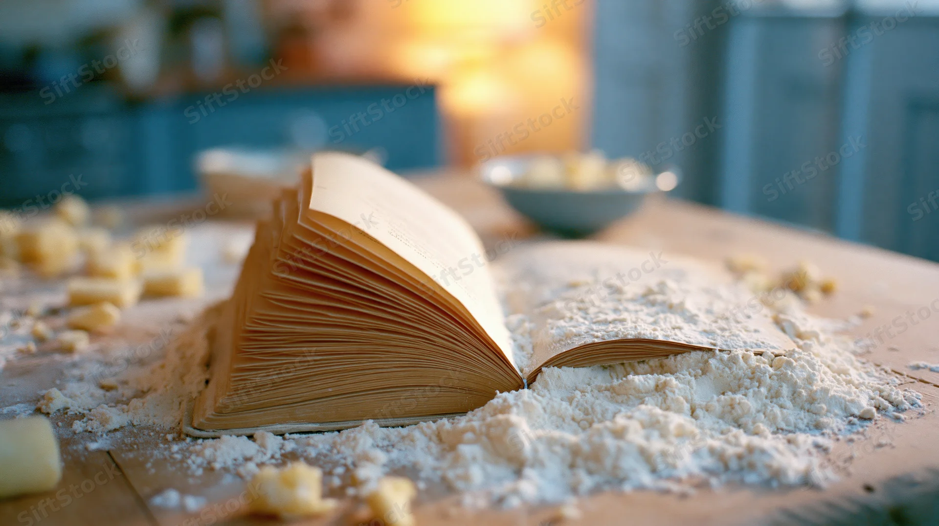Open recipe book dusted with flour on wooden kitchen counter surrounded by butter cubes and baking ingredients