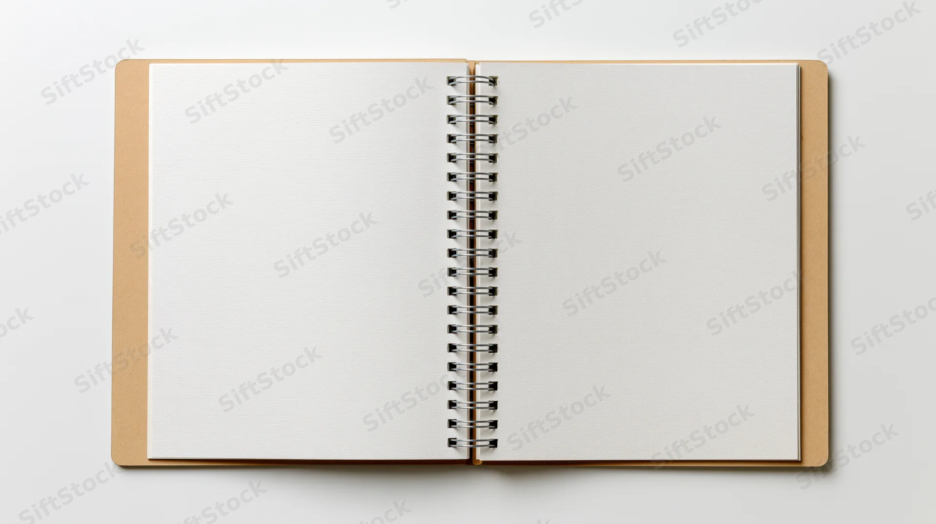 Open spiral-bound notebook with blank white pages lying flat on white surface