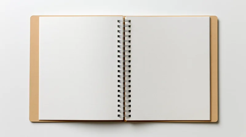 Open spiral-bound notebook with blank white pages lying flat on white surface