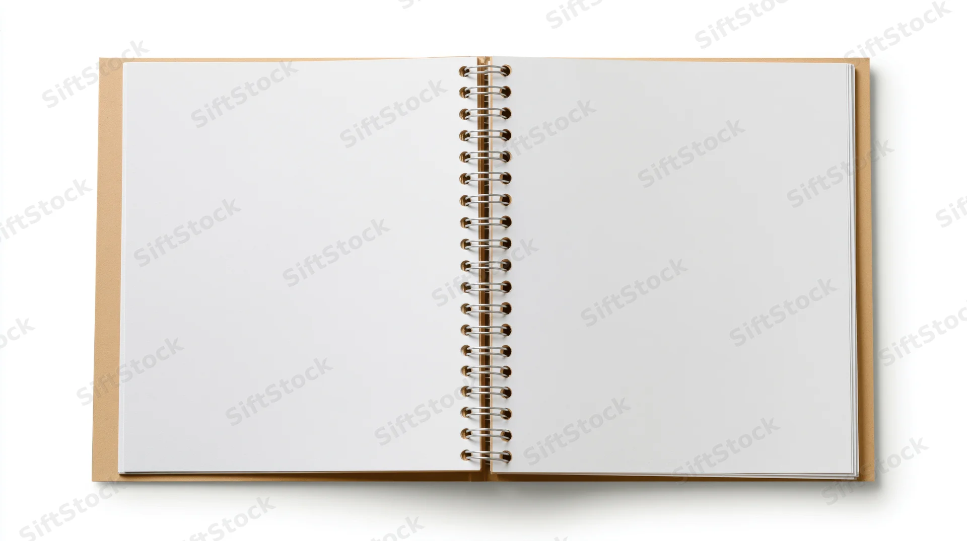 Open spiral-bound notebook with blank white pages lying flat on white background