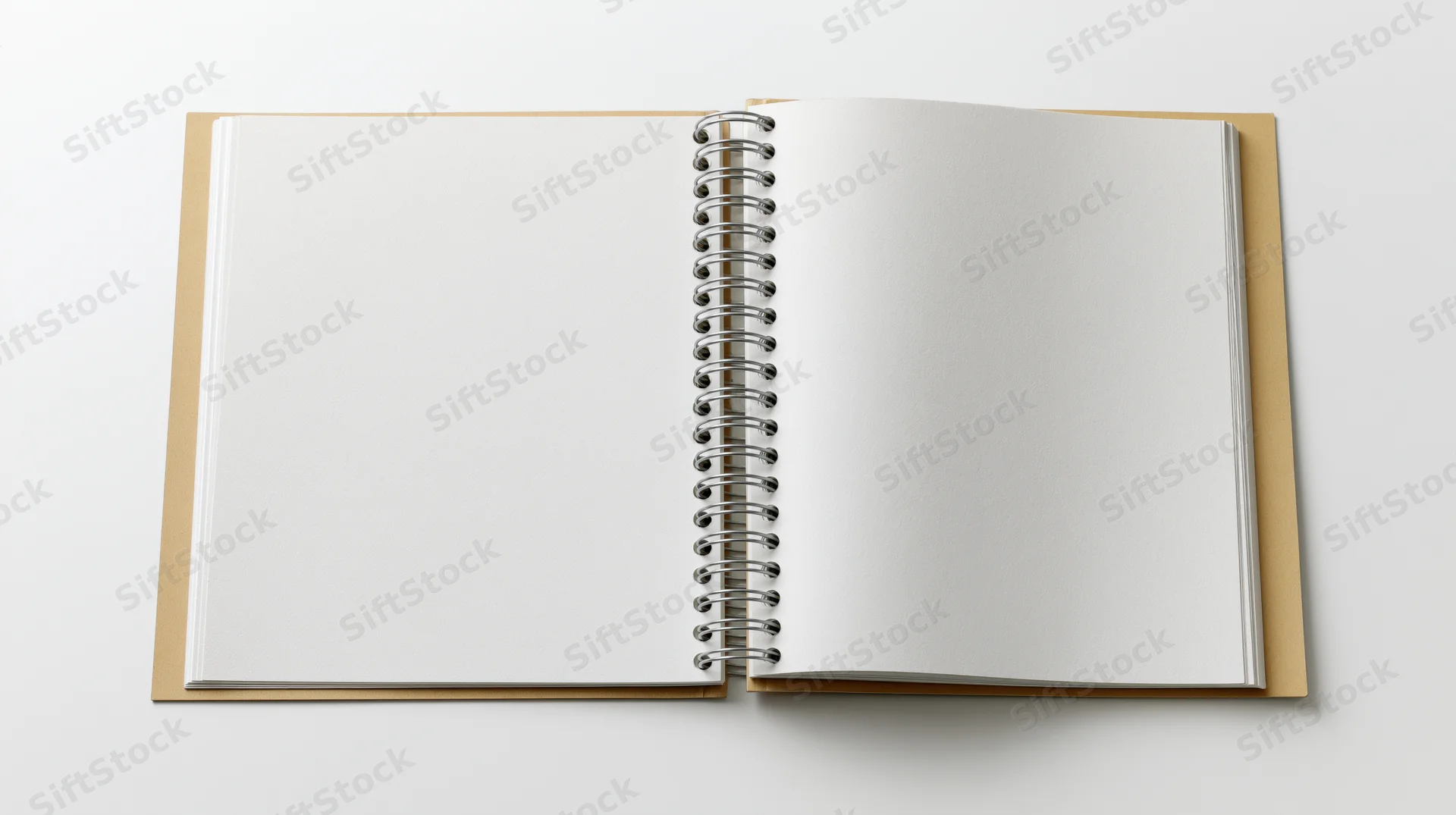 Open spiral-bound notebook with blank white pages lying flat on white surface