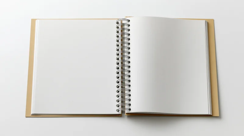 Open spiral-bound notebook with blank white pages lying flat on white surface