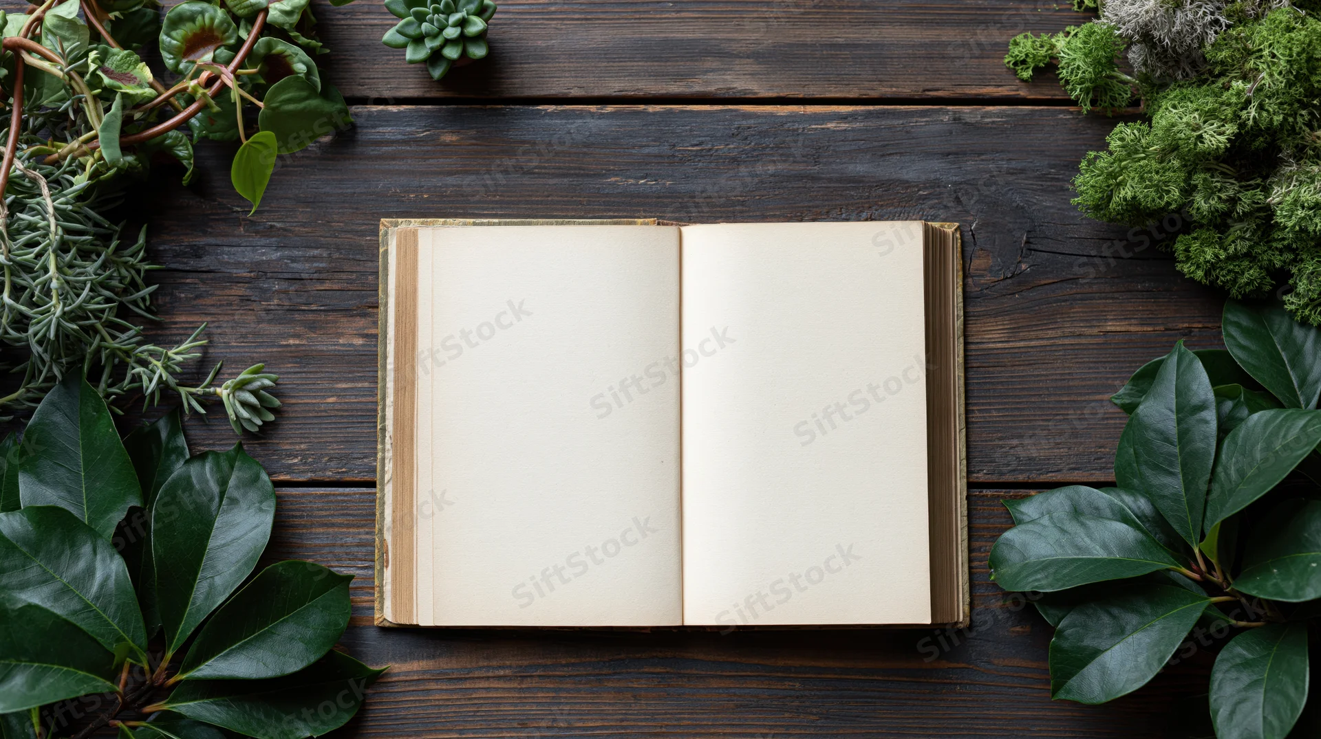 Open vintage hardcover book with blank cream pages lying flat on dark wooden table surrounded by green plants