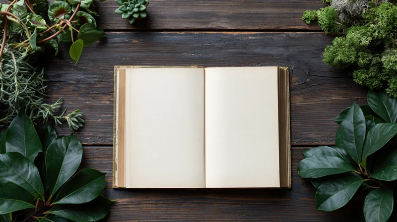 Open vintage hardcover book with blank cream pages lying flat on dark wooden table surrounded by green plants