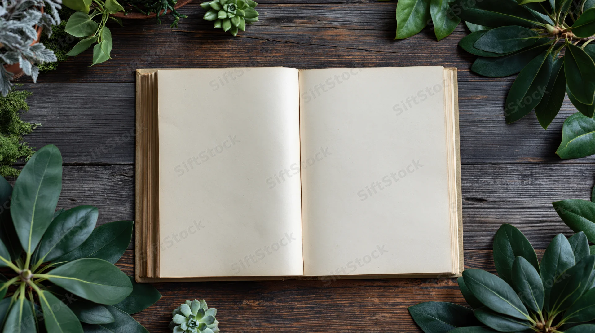 Open vintage hardcover book with blank cream pages lying flat on dark wooden table surrounded by green foliage and succulents