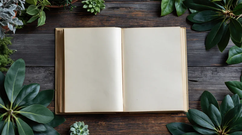 Open vintage hardcover book with blank cream pages lying flat on dark wooden table surrounded by green foliage and succulents