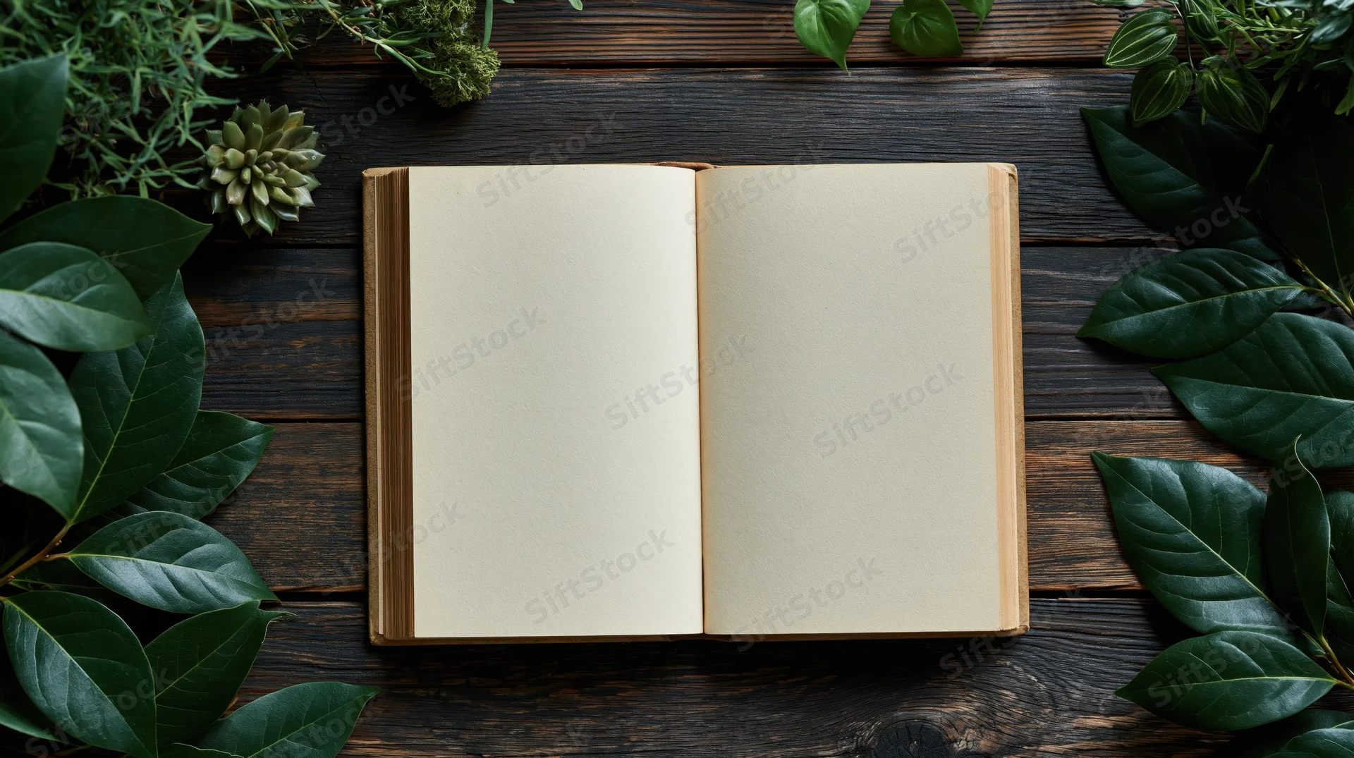 Open vintage hardcover book with blank cream pages lying flat on dark wooden table surrounded by green leaves