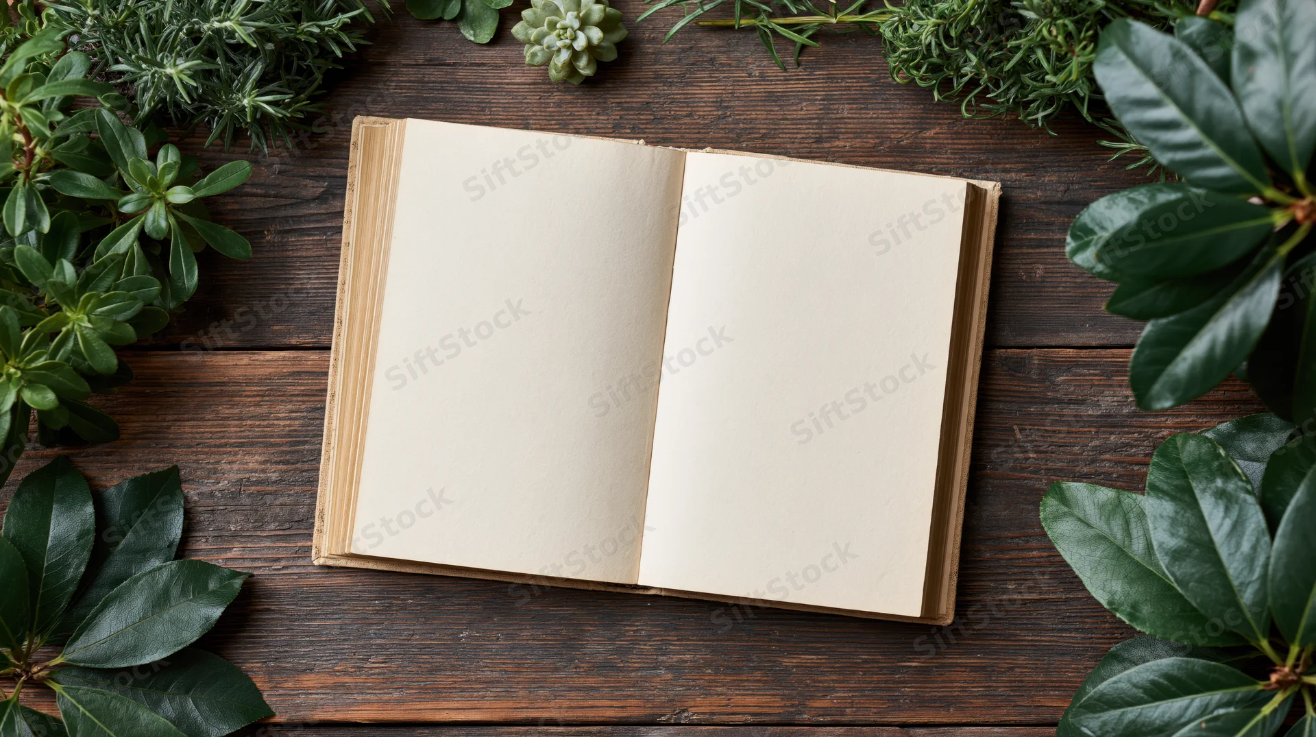 Open vintage hardcover book with blank cream pages lying flat on dark wooden table surrounded by green foliage