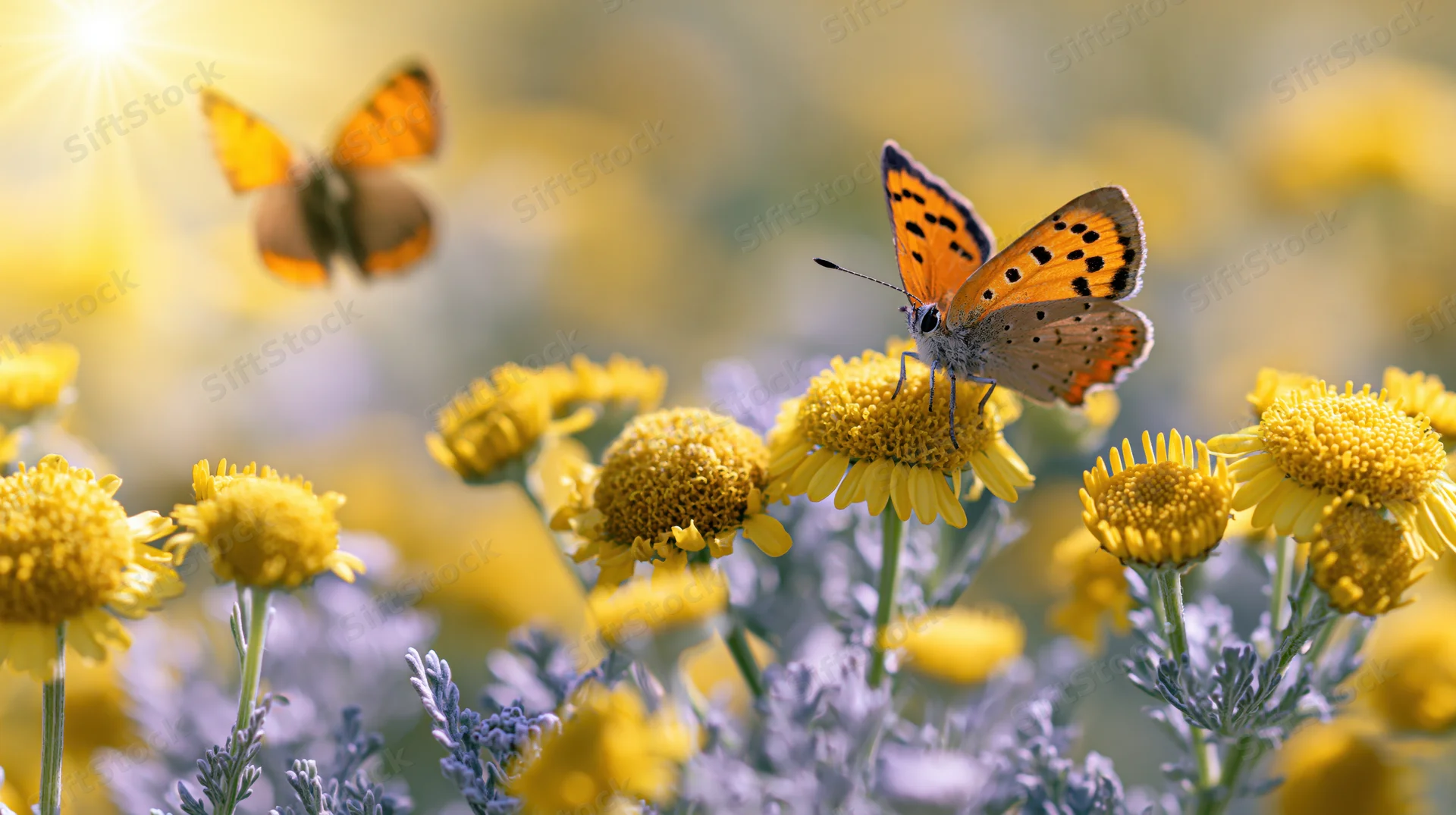 Orange butterfly perched on yellow wildflower in sunlit meadow