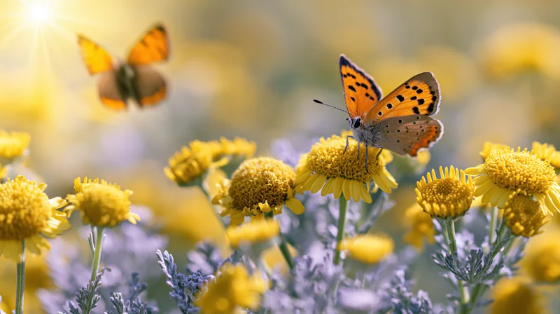 Orange butterfly perched on yellow wildflower in sunlit meadow