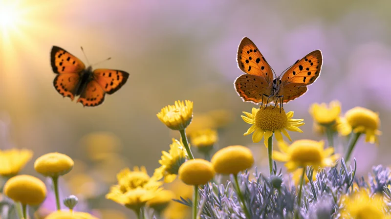 Orange butterfly perched on yellow wildflower in sunlit meadow