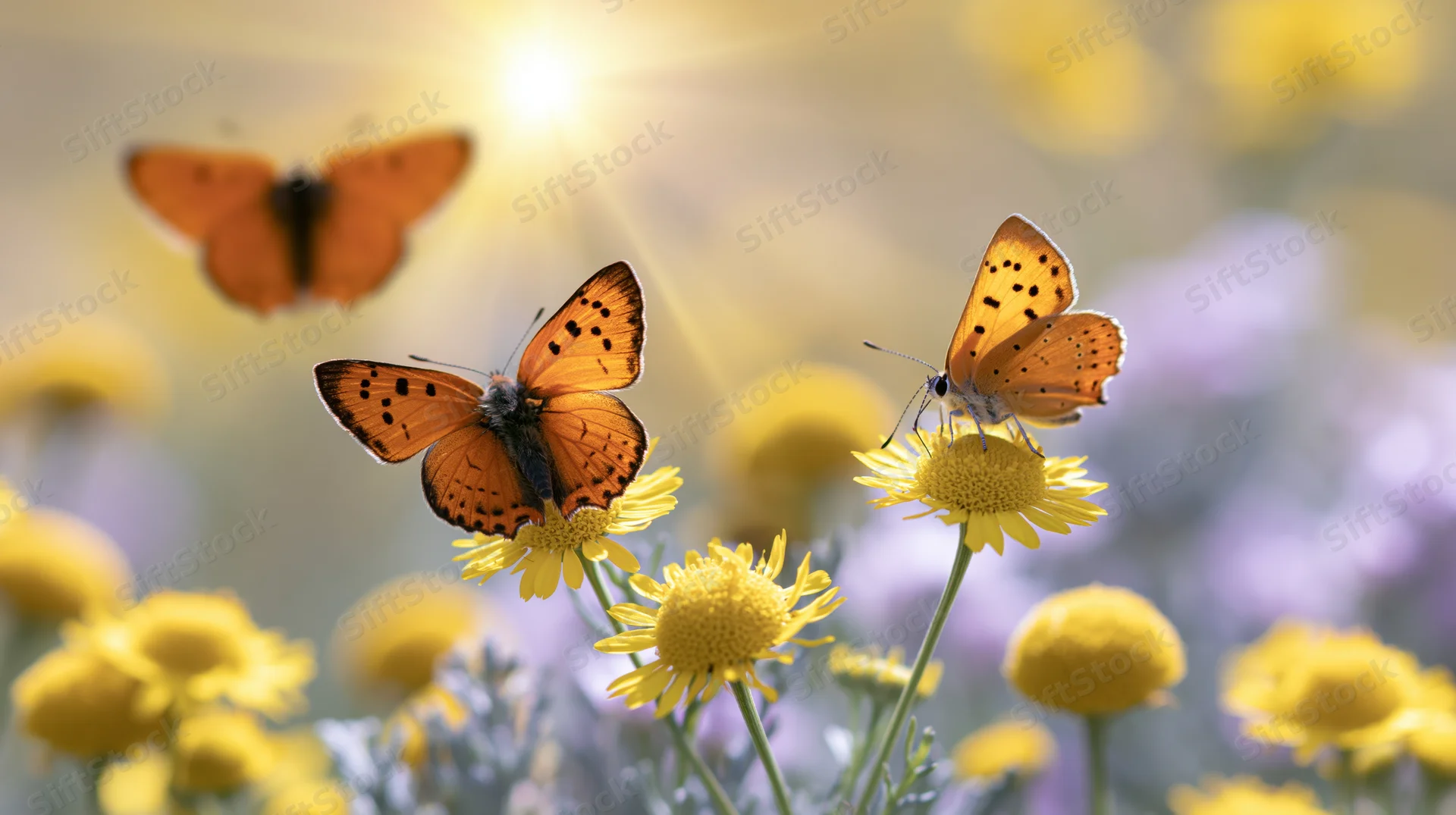 Orange butterfly perched on yellow wildflower in sunlit meadow
