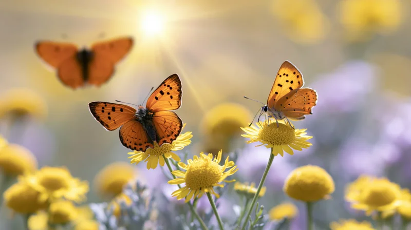 Orange butterfly perched on yellow wildflower in sunlit meadow