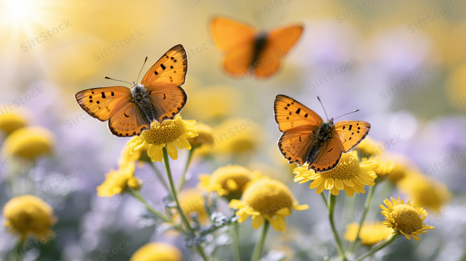 Orange butterflies perched on yellow wildflowers in a sunlit meadow