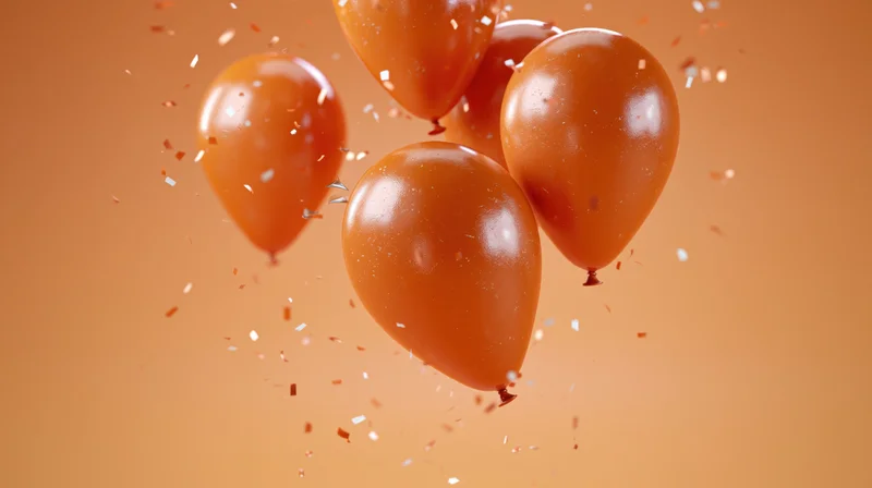 Orange latex balloons floating mid-air with scattered confetti