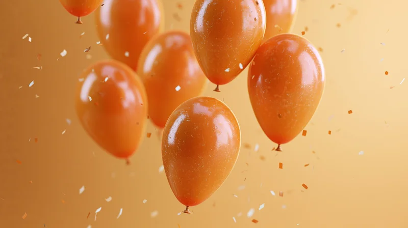 Orange latex balloons floating midair with scattered confetti against warm orange background