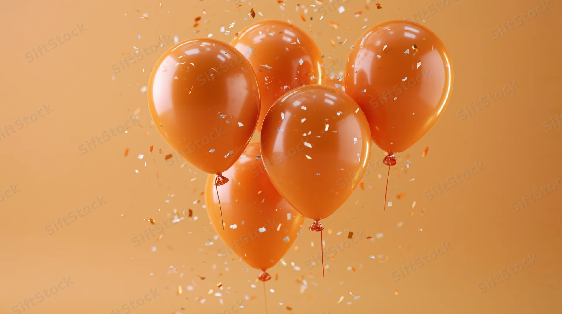 Orange latex balloons floating mid-air with scattered confetti against a solid orange background