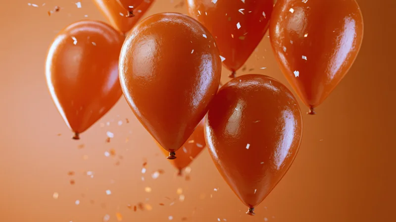 Orange latex balloons floating mid-air with scattered confetti against an orange gradient background