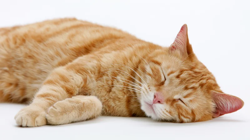 Orange tabby cat sleeping on its side on a white background