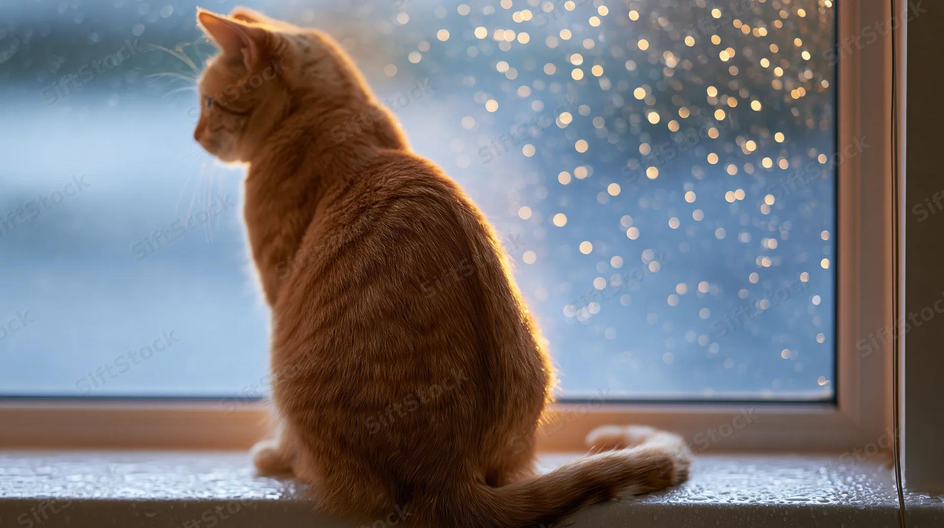 Orange tabby cat sitting on windowsill looking out at rainy window with light bokeh