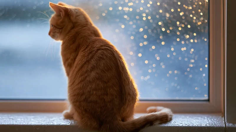 Orange tabby cat sitting on windowsill looking out at rainy window with light bokeh