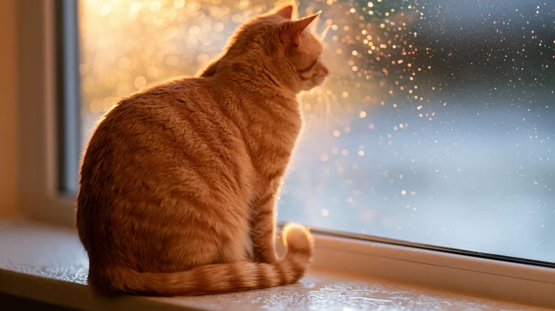 Orange tabby cat sitting on windowsill looking out at rainy window in warm sunlight