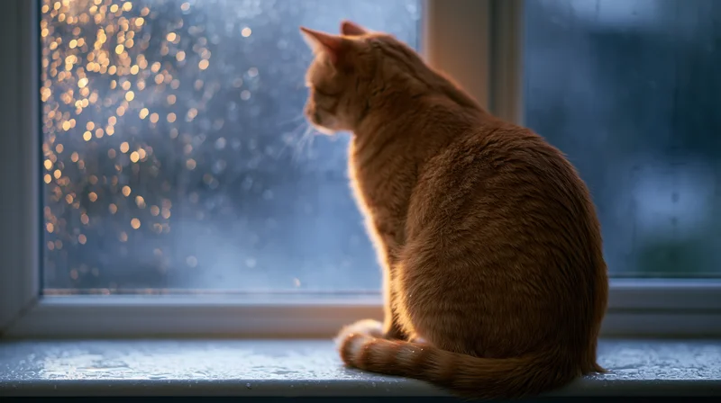 Orange tabby cat sitting on windowsill looking out at rainy window at twilight